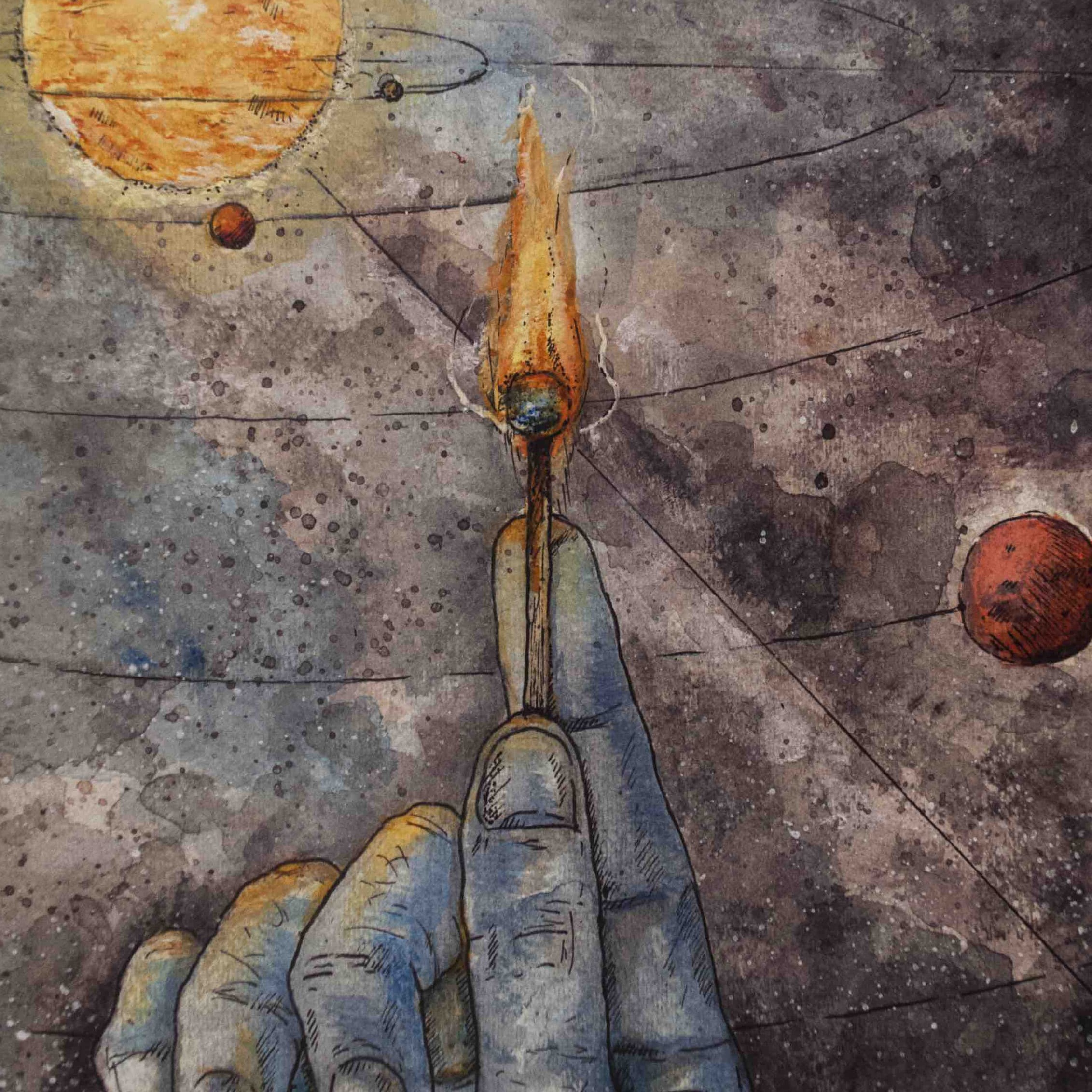 Student illustration showing hand holding a match with space in the background